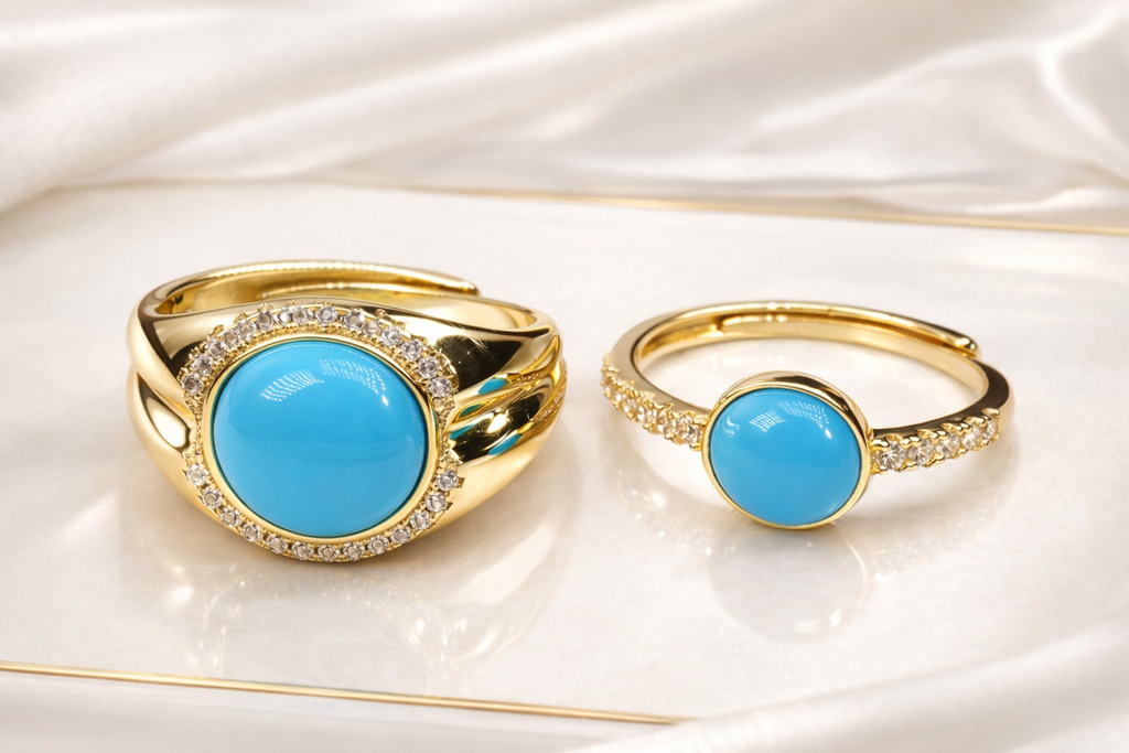 Twin Core Love 14K gold turquoise couple rings - Wudang turquoise | Turquoise Princess