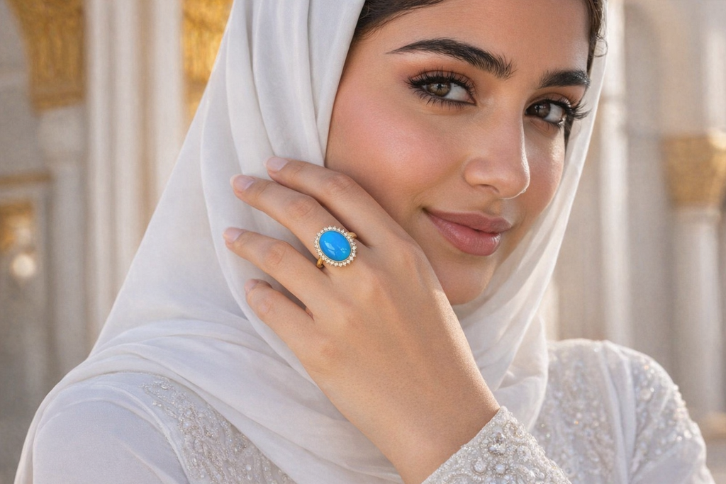 Qatar Lina 18K gold turquoise ring - AI-designed Wudang turquoise jewelry | Turquoise Princess