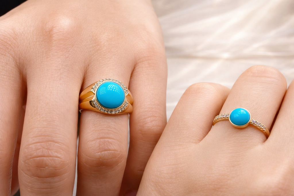 Twin Core Love 14K gold turquoise couple rings - Wudang turquoise | Turquoise Princess