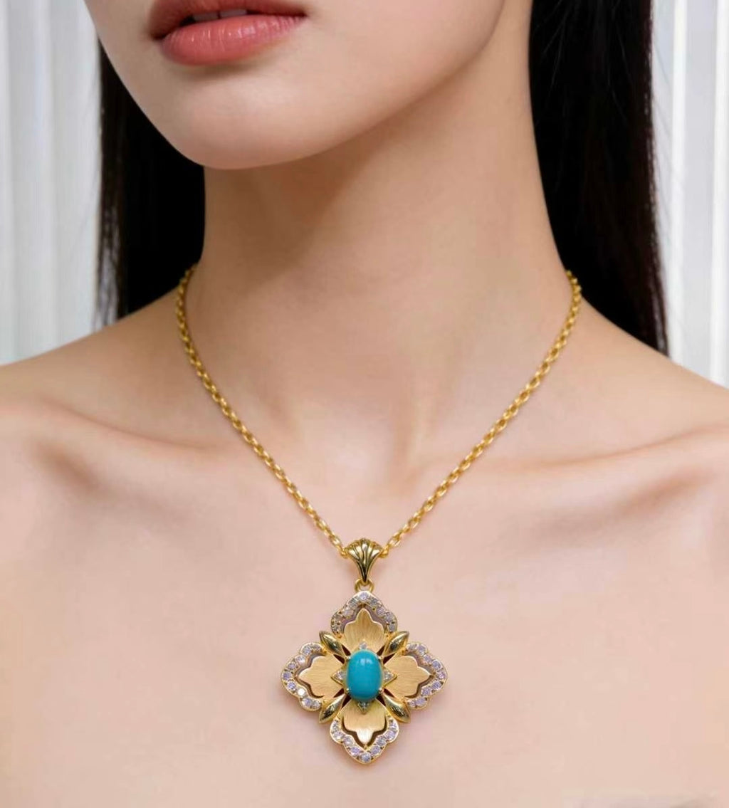 Lucky Clover S925 turquoise pendant - handcrafted by Wudang artisans | Turquoise Princess
