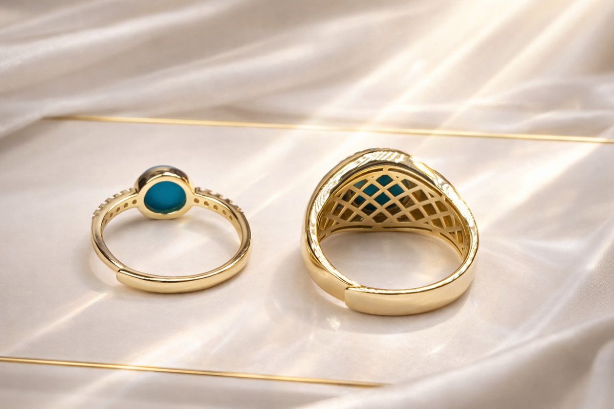 Twin Core Love 14K gold turquoise couple rings - Wudang turquoise | Turquoise Princess